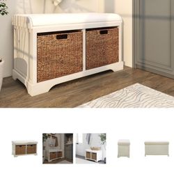 WHITE WOOD ROOM STORAGE BENCH WITH BROWN SEAGRASS BASKETS AND CUSHIONED SEAT, 34" X 16" X 20"