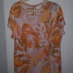 C&C California Women’s 1XL Top 100% Linen Leaf Tropical Beachy Short Sleeve