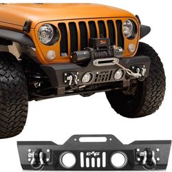 EAG Stubby Front Bumper Black Textured with Winch Plate Fit for 18-22 JL Wrangler