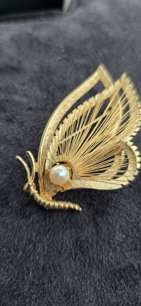 Vintage Brooks Goldtone Faux Pearl Butterfly Brooch
