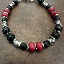 Elegant Red Brazilian Ruby and Black Agate Beaded Bracelet