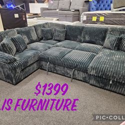 Brand New Sectional XL Size Corduroy Fabric Metal Grey With Storage Chaise & Slepper $1399