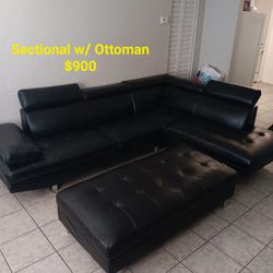 Sectional w Ottoman Glass Dining Table w. 4 Chairs