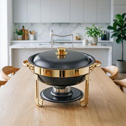 5QT Stainless Steel Chafing Dish – Black & Gold Buffet Food Warmer with Lid Holder