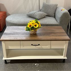 Modern coffee table with metal legs, rectangular living room center table with drawers and open storage shelves (white)  💰120$