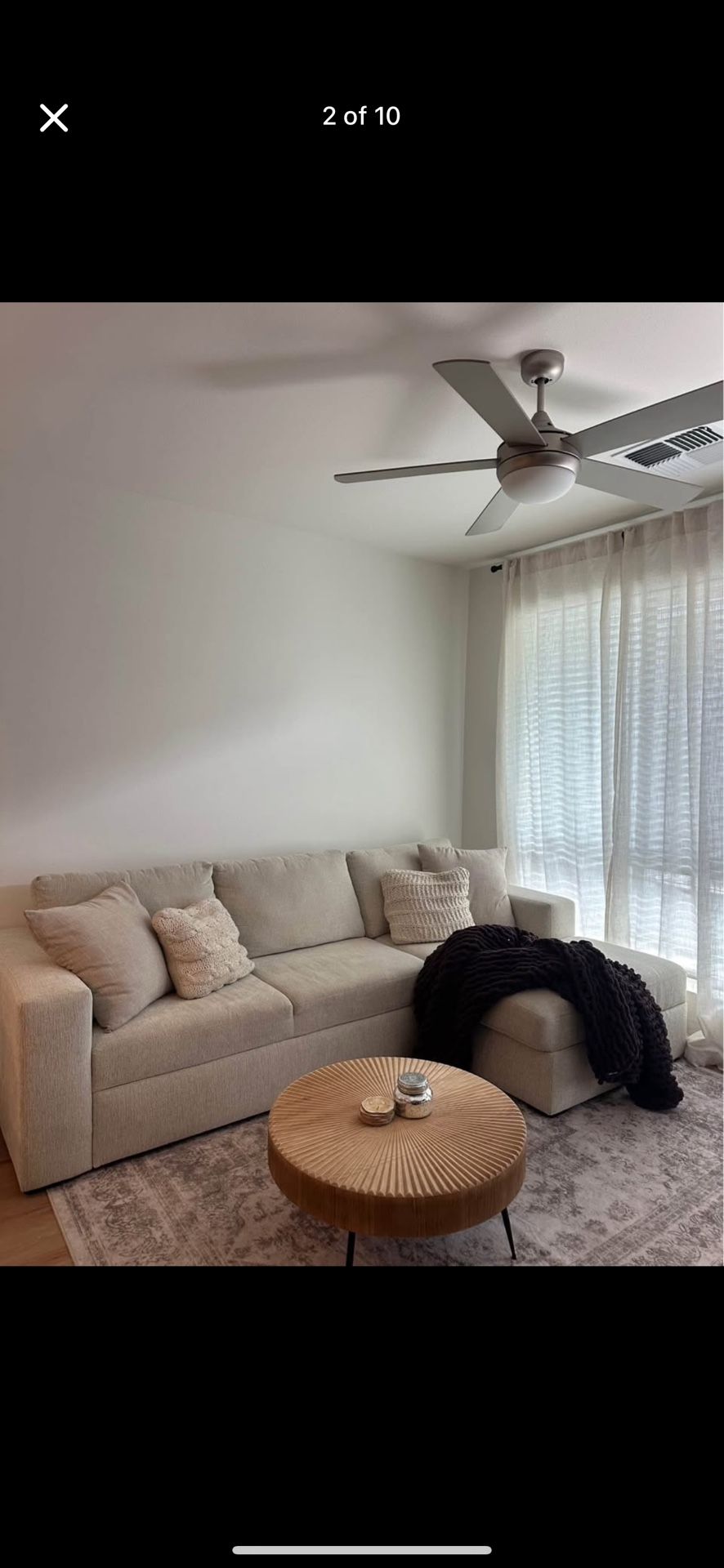 Living Spaces Sebastian Cream LAF Convertible Loveseat And RAF Storage Chaise