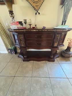 Dark Wood Console Table with Marble Top