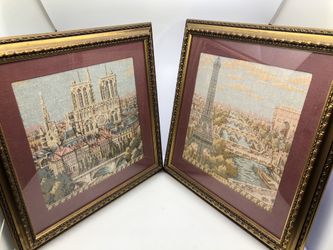 Pair of vintage Paris tapestries Notre Dame and Eiffel Tower