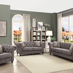 Brand New Grey Button Tufted Sofa and Love Seat