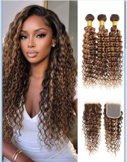 🔥Brand new 🔥 P4/27 Honey Blonde Highlighted Deep Wave Bundles with Closure Human Hair 16 18 20+16 IE9-27