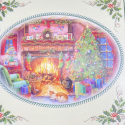 PIMPERNEL VTG Christmas Coasters Cozy Christmas Living Room Scene in Front of Fireplace SET of 6 