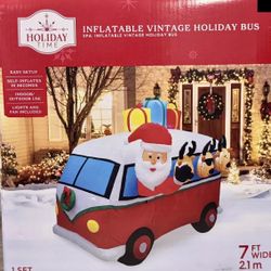 Inflatable Vintage Holiday Bus Santa and Reindeer 7FT WIDE Christmas Decor NEW