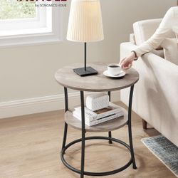 Side Table, Round End Table with 2 Storage Shelves