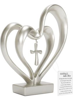 Cross Heart Statue Resin Stone Home Decor- Wedding Gifts, gifts for Couple, Matte Silver Finish , 8.5 X 9.5 In