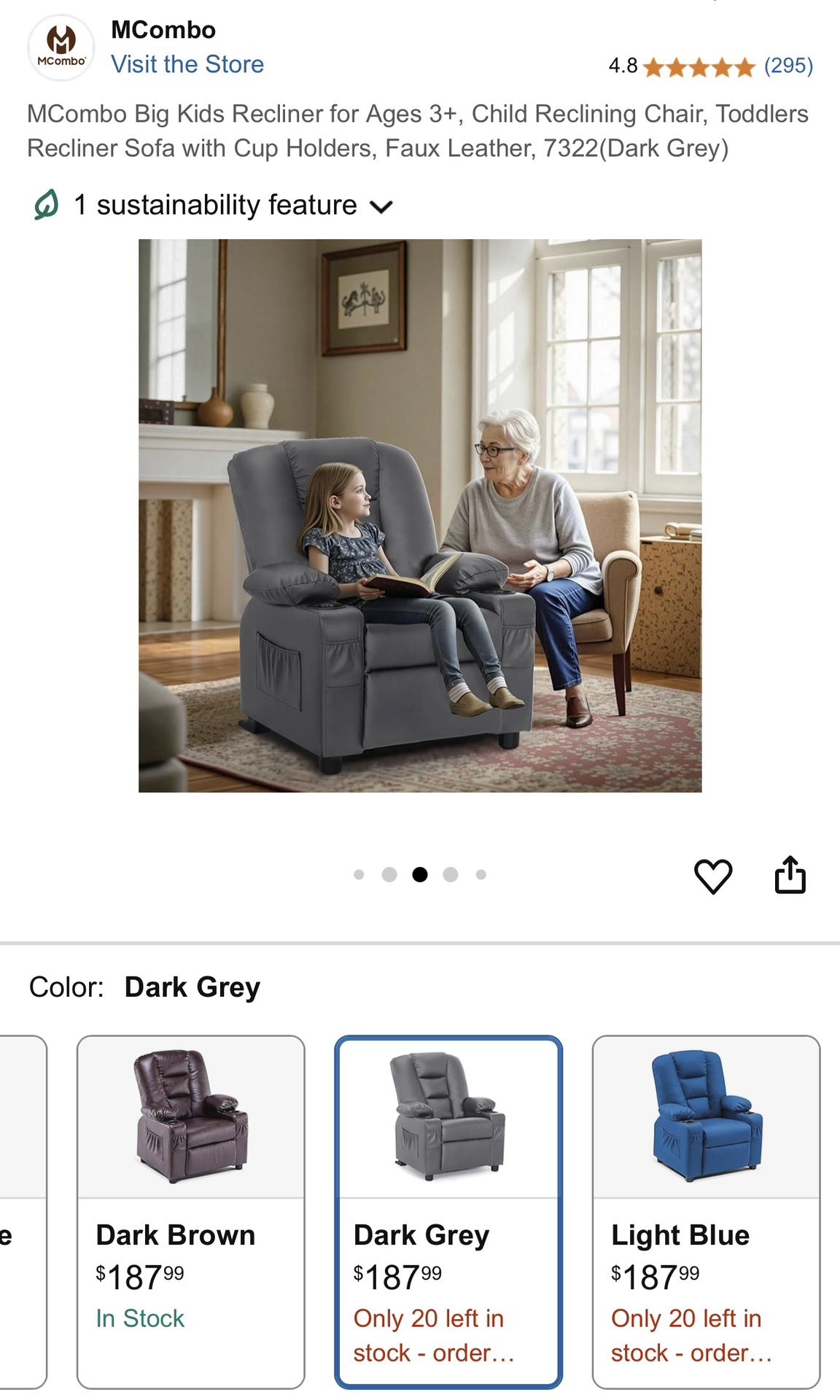 MCombo Big Kids Recliner for Ages 3+, Child Reclining Chair, Toddlers Recliner Sofa with Cup Holders, Faux Leather, 7322(Dark Grey) Like New!