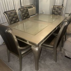 Modern Dining Table Set w/6 Chairs + Extension Leaf 