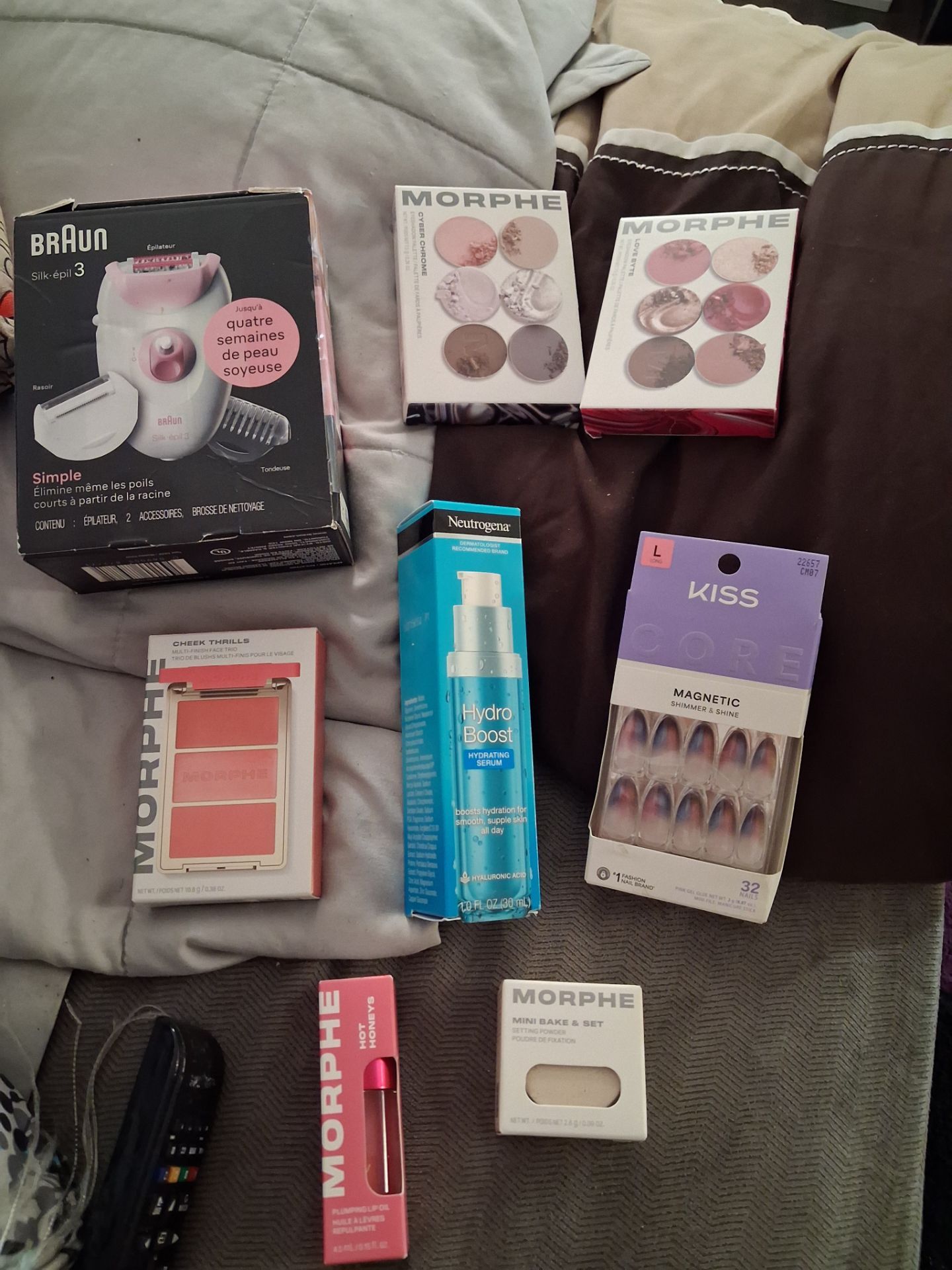 Morphe Makeup, Neutrogena Hydrating Serum, Kiss Nails, and Braun Silk Epil 3