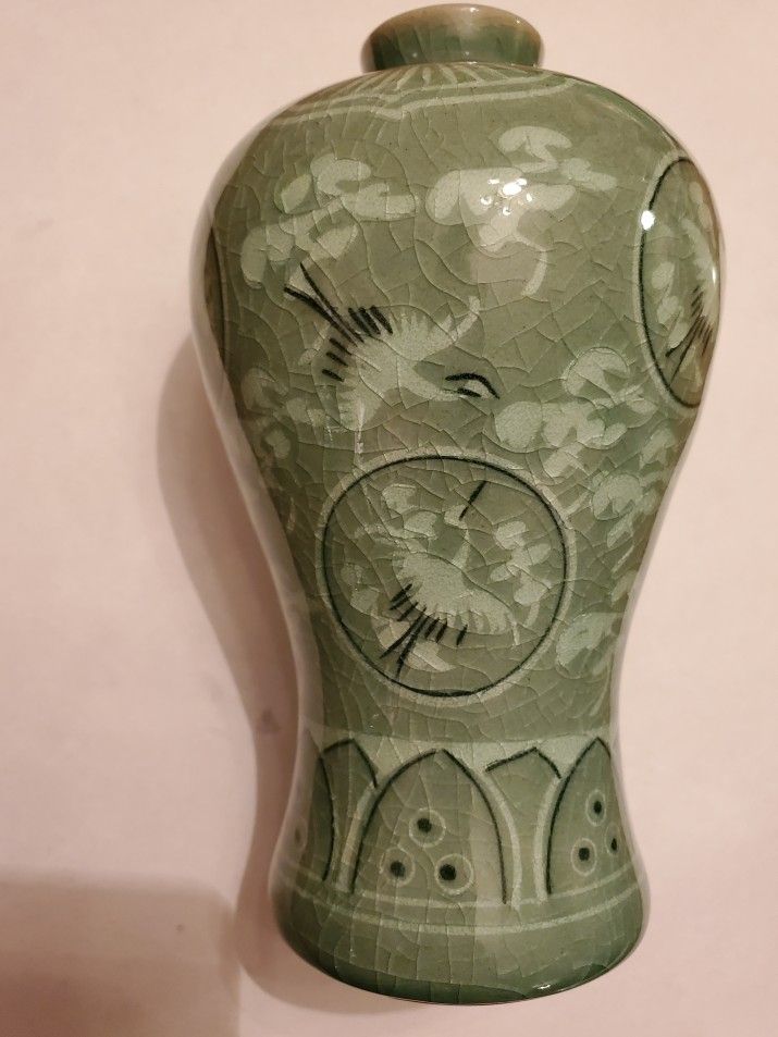 Asian Vase Celadon Cranes Crackle Vintage Bud 6in Flying Green Korean