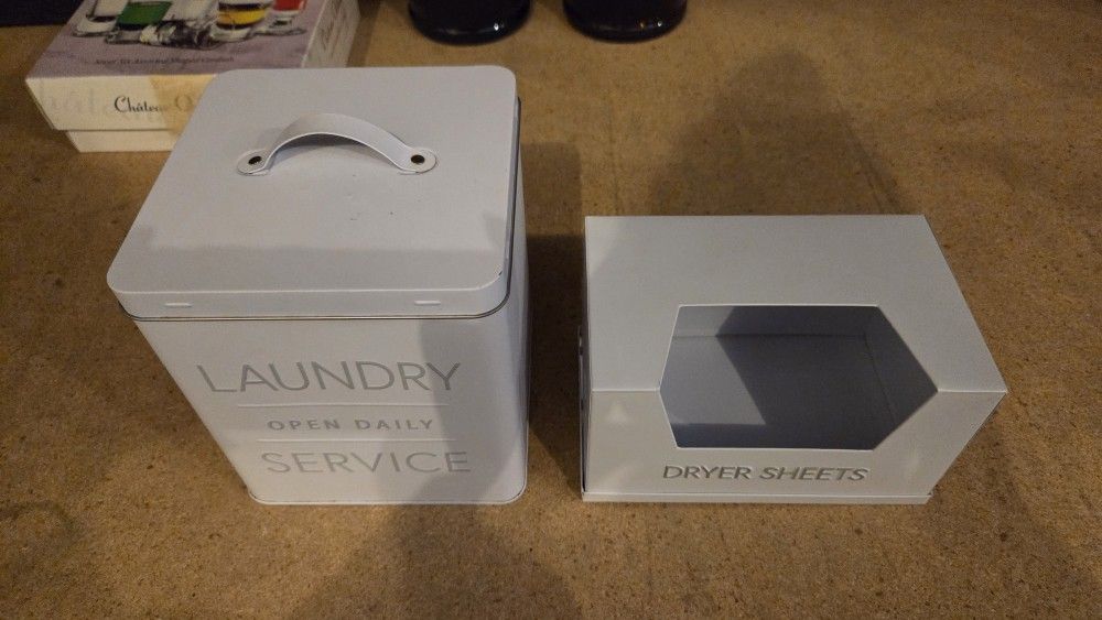 Set of 2 Metal Laundry Storage Tins | Powder/Pods & Dryer Sheets Container