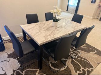 Tile dining table with 6 leather chairs