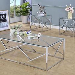 Brand New Silver Chrome 3pc Coffee Table Set