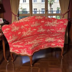 Neiman Marcus French Heritage Red Toile Louis XV Curved Loveseat Sofa 2 Available