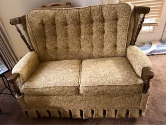 Vintage Mid Century Green/ Brown Tweed Button Tufted Loveseat Rocker Couch w/Box Pleat Skirt