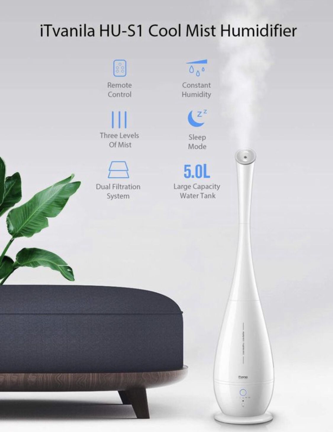 I Tvanila Cool Mist Humidifiers Large Room, 5L Floor Humidifiers for Bedroom Office with Remote Control Smart Humidity Oil Diffuser Tray