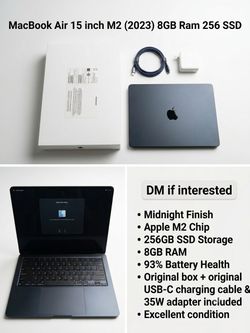 PICKUP ONLY Apple MacBook Air 15” M2 (2023) • 8GB RAM • 256GB SSD • 93% Battery • Original Box