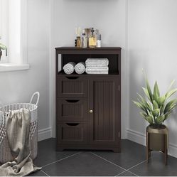 Wood Bathroom Floor Cabinet with 3 Drawers & 1 Cupboard, Free Standing Storage Organizer Hallway Entryway Cabinet for Living Room Kitchen, Espresso