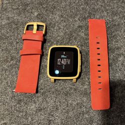Pebble Time Steel Gold smartwatch + Red Leather Band, iPhone/Android