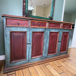 Rustic Teal and Red Peruvian Cabinet with Drawers, Doors and Accompanying Mirror