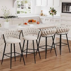30" Metal Bar Stools Counter Height Barstools Set of 4 Modern Bar Chairs with Woven Back (Beige)