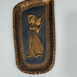 Vintage Mid Century Copper Wall Tray Israel Hand Wrought Bas Relief Woman Carrying Wine Jug