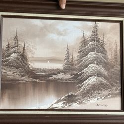 Vintage Framed Winter Landscape – Snowy Lake & Forest Scene, Rustic Decor