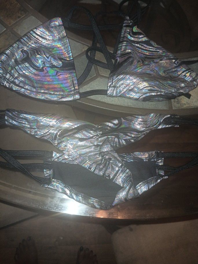 Women's Dance Lingerie Bikini Silver Shiny And Black