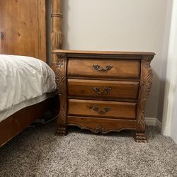 Oak Bed Frame, Mattress, And Oak Nightstand 