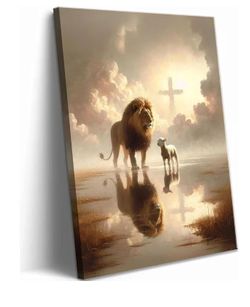 36x24 Lion and Lamb Canvas Wall Art Lion of Judah Clouds Cross Painting Picture Wall Decor God Christian Religious Poster Print Artwork for Church Liv
