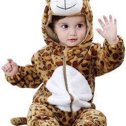 Unisex Baby Leopard Hooded Flannel Jumpsuit Costume 