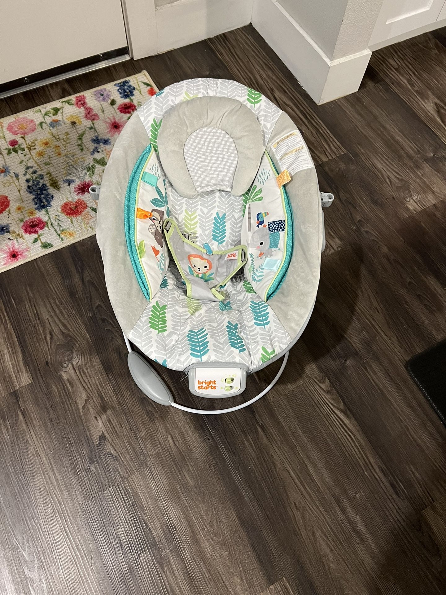 Bright Starts Comfy Baby Bouncer Soothing Vibrations Infant Seat - Taggies, Music, Removable-Toy Bar, 0-6 Months Up to 20 lbs (Whimsical Wild)