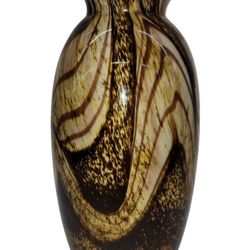 Hand-Blown Tiger Striped  Amber Art 8" Murano/ Bohemia Glass Vase.