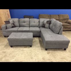 Grey Linen Sectional Couch And Ottoman