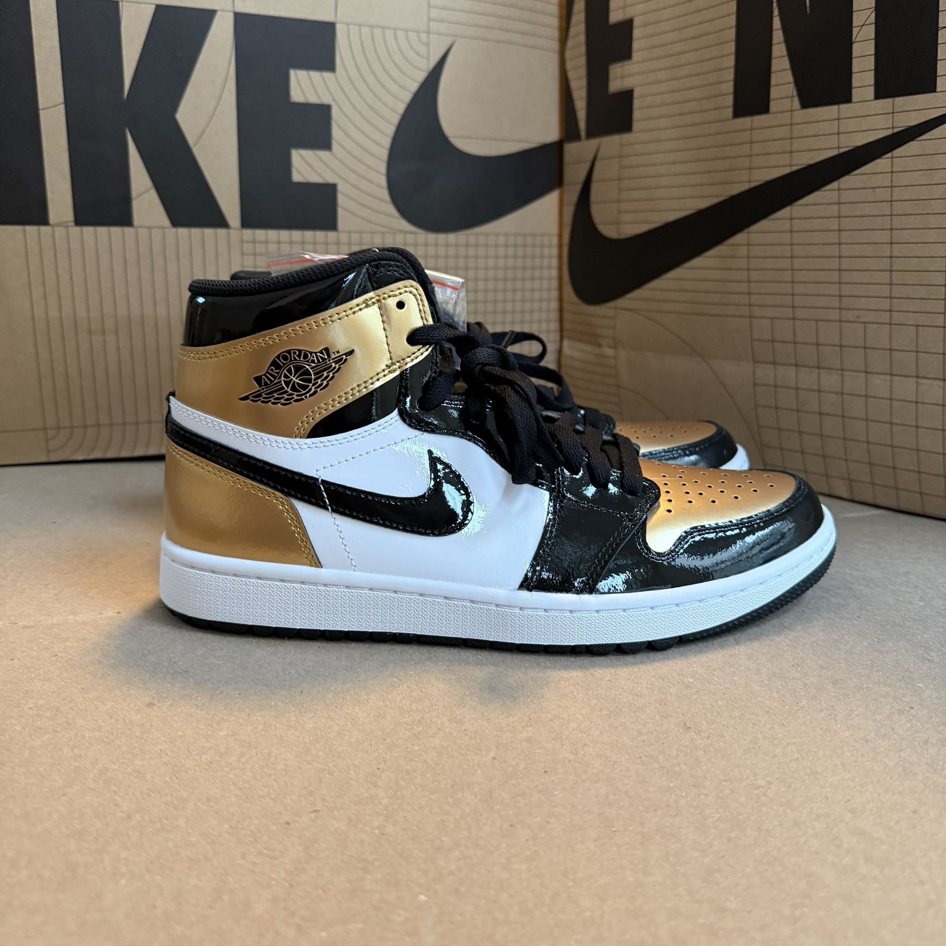 Air Jordan 1 High Black Patent Metallic Gold Golf Shoes Size 8.5 BNIB DQ0660-002