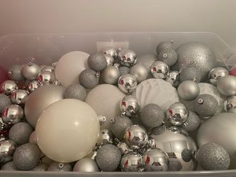 Large Box of Silver and White Christmas Ornaments