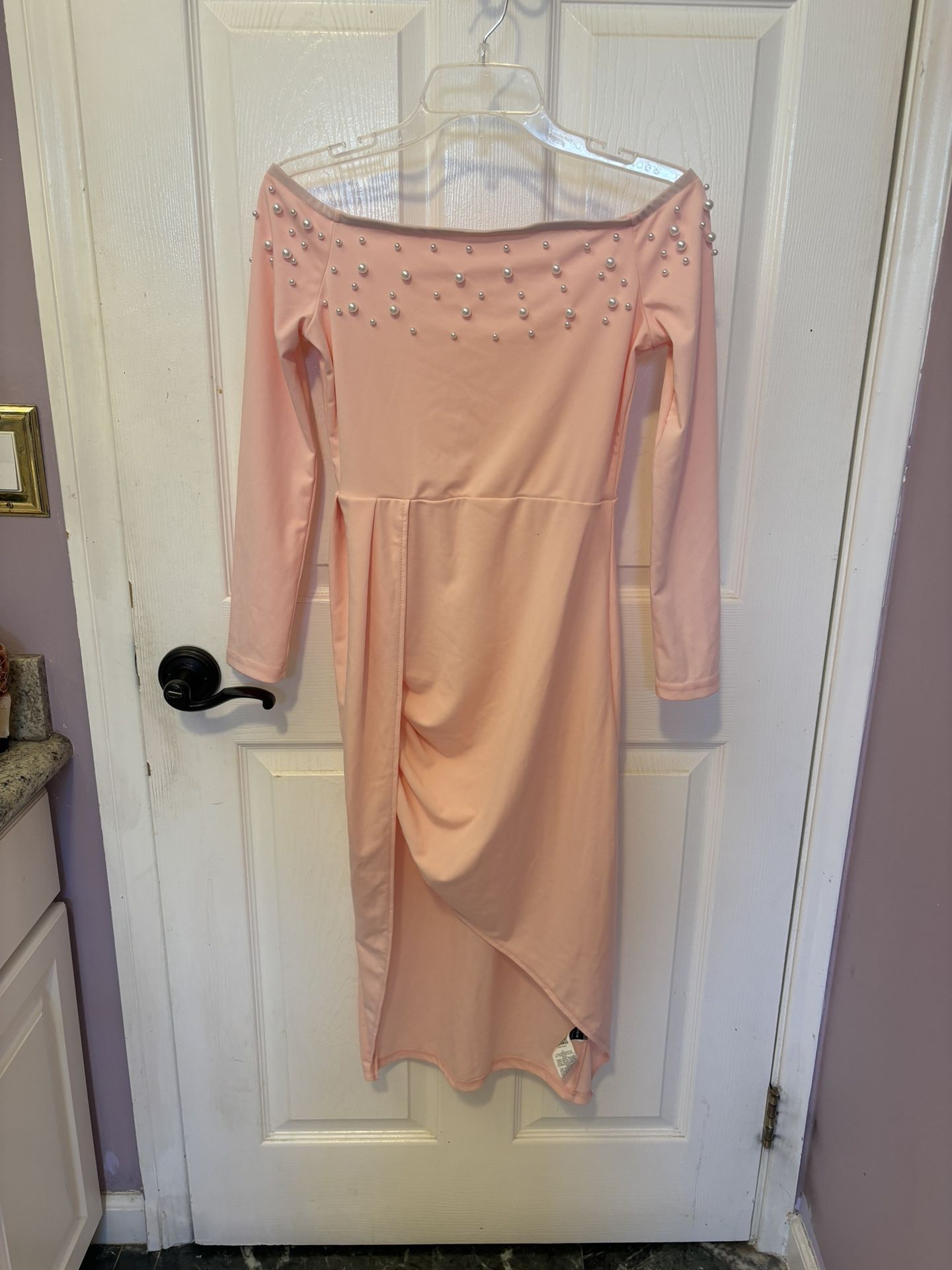Peach Off Shoulder Long Sleeve Dress With Pearls