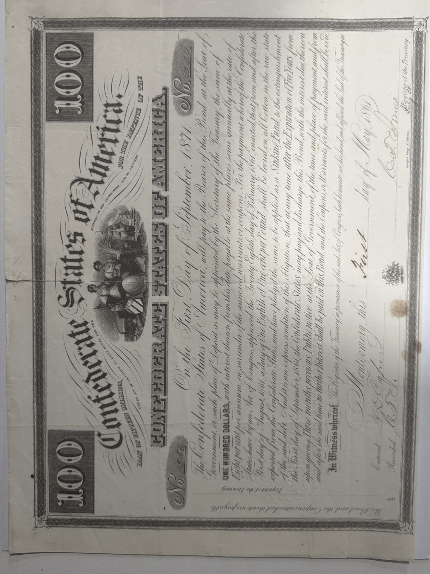 Rare CSA $100 Confederate Bond – Montgomery 1861 – First Capital Issue Civil War