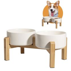 Elevated Ceramic Double Dog Bowl with Wooden Stan