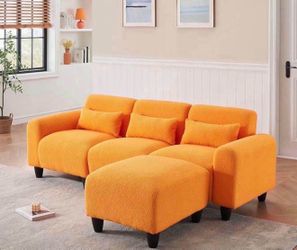 The 84.6 inch Orange Teddy Fleece Creative Sofa can be Assembled into a Two Seater Sofa with a Single Couch with Three Waist Pillows to Perfectly Stre