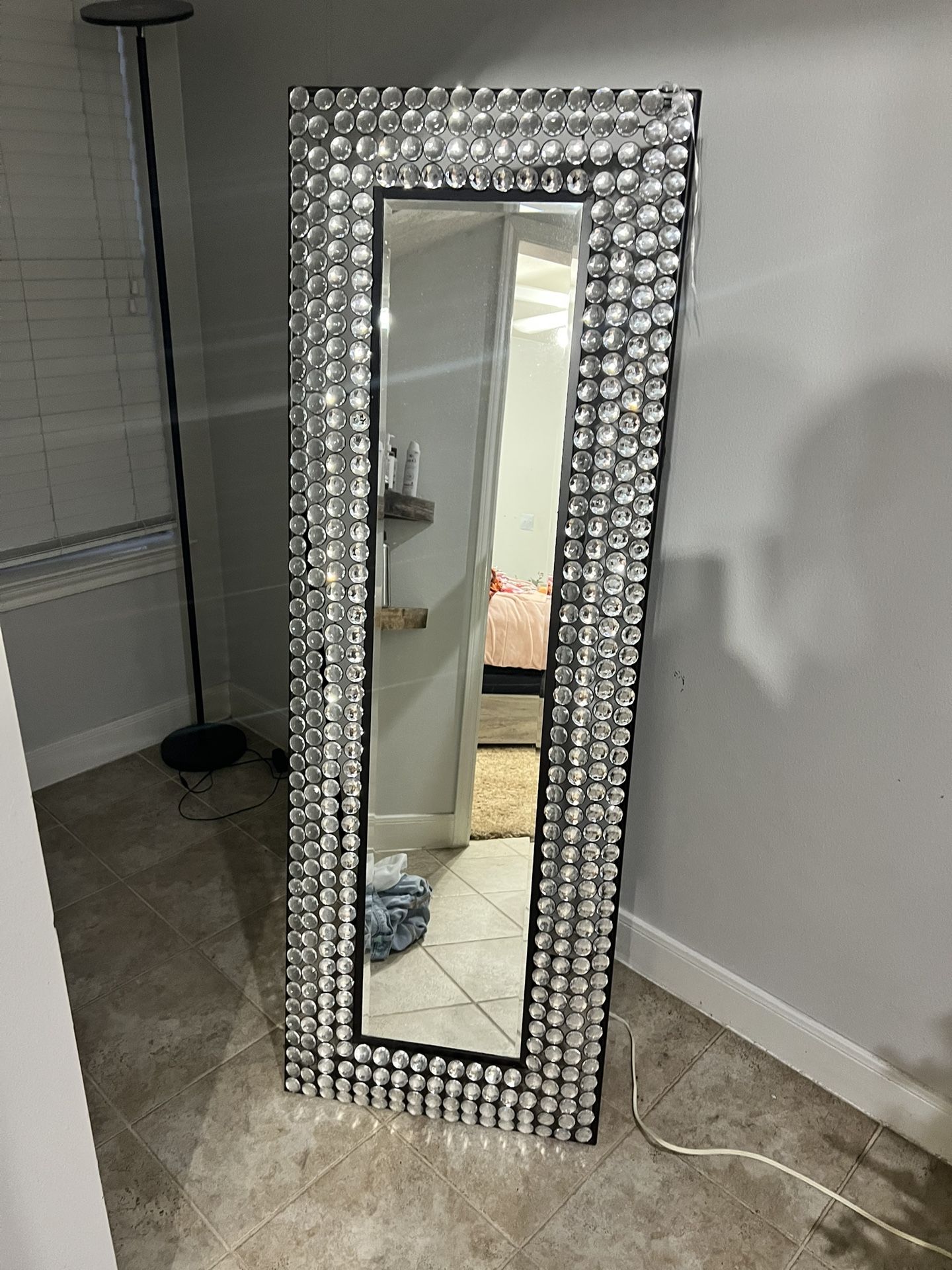 Full-Length Glam Mirror w/ Crystal Frame – Floor or Wall Mount
