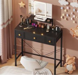 Black Vanity Desk with Tri-Fold Mirror and Stool